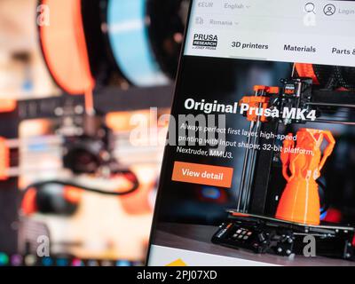 Galati, Romania - March 29, 2023: The New Prusa MK4 3D pPrinter Revolutionizes the Industry. Introducing the Future of 3D Printing Stock Photo