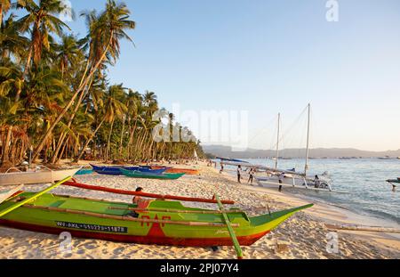Colourful boats at Angol Beach, Boracay Island, Visayas Archipelago, Philippines Stock Photo