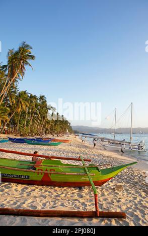 Colourful boats at Angol Beach, Boracay Island, Visayas Archipelago, Philippines Stock Photo
