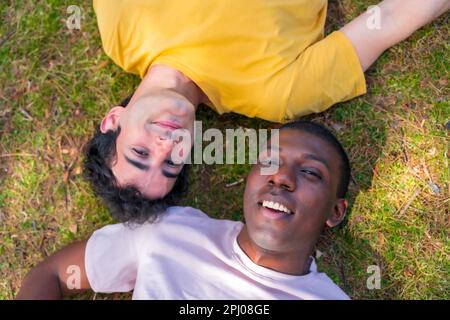 Portrait of a couple of multi-ethnic men in a park, lgbt concept, lying on the grass Stock Photo
