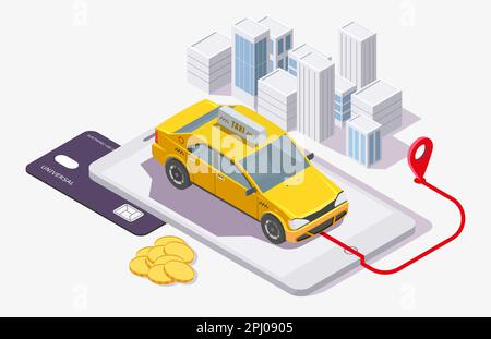 Taxi booking app, vector flat isometric illustration Stock Vector