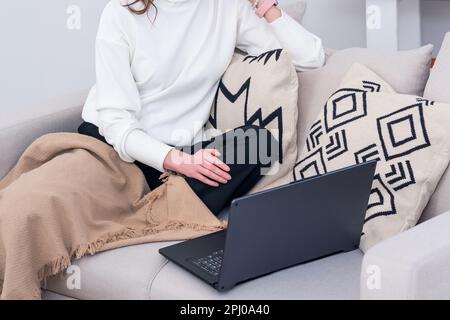 woman sitting on sofa indoor working with laptop Stock Photo