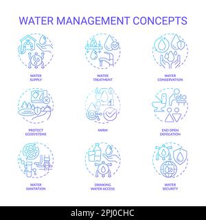 Water management blue gradient concept icons set Stock Vector