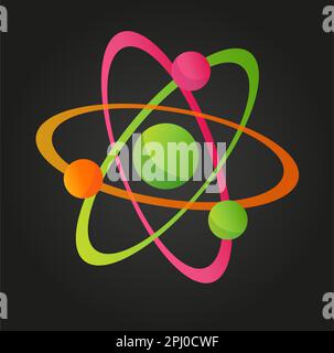 The atomic structure vector consists of protons, neutrons and electrons orbiting the nucleus. Stock Photo