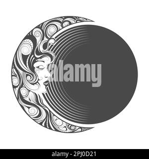 Tattoo of Crescent Moon with Female Face isolated on white. Vector illustration Stock Vector