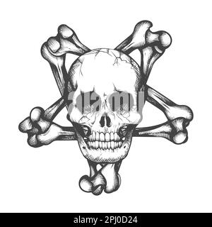 Tattoo of Human Skull Bone Pentagram in engraving style isolated on white. Vector illustration Stock Vector