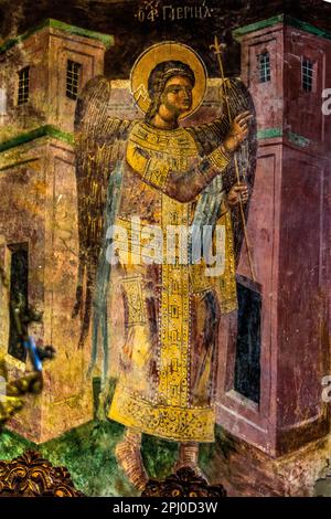 Fresco decoration from the 12th to 18th century, Moni Thari monastery near Laerma from the 12th century, dedicated to St. Michael, one of the most Stock Photo