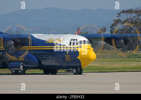 NAS Point Mugu, California / USA - March 18, 2023: The U.S. Navy Blue Angels C-130 support cargo plane, nicknamed Fat Albert, taxis at an air show. Stock Photo