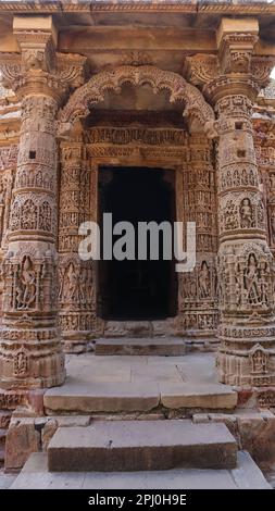 Beautiful Carvings on the Entrance of Sun Temple, Surya Temple, Modhera, Gujarat, India. Stock Photo