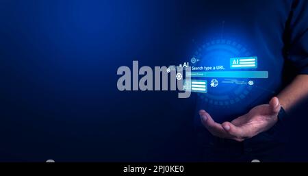 Businessman holding microchip processor with lights on the blue background. hologram digital chatbot, application, conversation assistant, AI Artifici Stock Photo