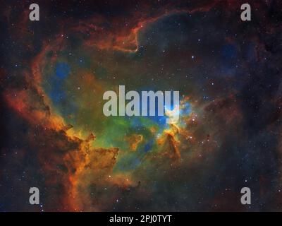 The Heart Nebula (IC 1805, open cluster Melotte 15) is an emission nebula located in the constellation of Cassiopeia. The nebula is 7,500 light years Stock Photo