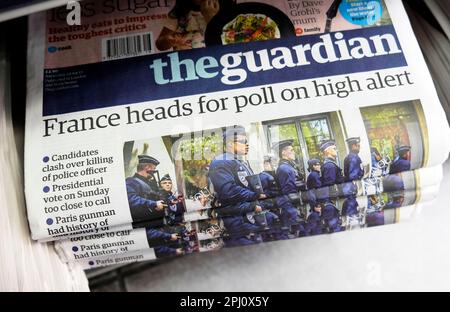 'France heads for poll on high alert' Guardian newspaper headline front page French election article on 22 April 2017 London England UK Great Britain Stock Photo
