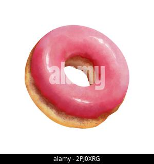 Donut in watercolor hand drawing. Realistic glazed pink doughnut. Vector illustration isolated on a white background. Stock Vector