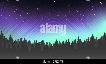 Northern light landscape. Dark forest silhouette on the background of north starry sky. Astro nordic abstract design. Vector illustration. Stock Vector