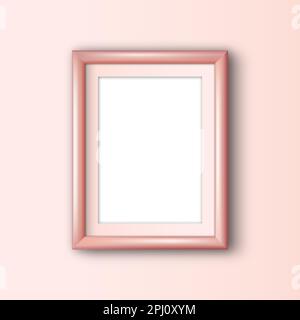 Realistic empty frame mockup for image placement.Apartment wall design with blanc frame in pink color for photo, picture, image display. Stock Vector