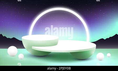 3d podium realistic advertising mockup for product showcase.Circle neon platform, stage for presentation in blue colors, northern light style. Stock Vector