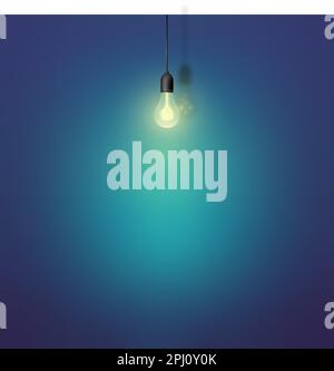 Illustration of hanging light bulb on the wall background.Glowing light bulb with the light spot on the wall. Template for text. Stock Vector