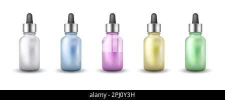 Dropper bottle realistic set for oil, essence and serum. Templates for cosmetic brand. Beauty care colorful collection of essence vials. Stock Vector