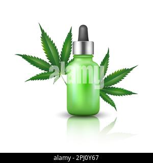 Cannabis oil bottle design with hemp leaves. Herbal medicine logotype.CBD template of oil dropper for cosmetic and medicine purpose. Stock Vector