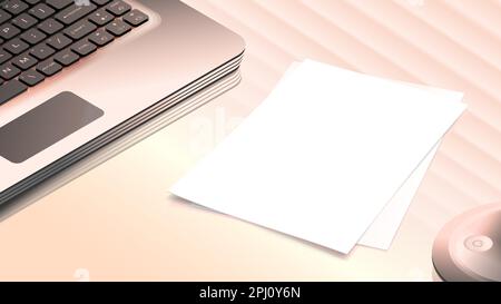 Blank office paper template. Workplace illustration. Empty office pages mockup and laptop keyboard on the desk. Stock Vector