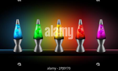 Colorful lava lamp set. Glowing lamps with liquid bubbles inside. Decorative retro elements collection for room interior. Stock Vector