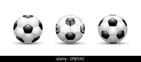 Set of soccer balls on the white background. Sport equipment illustration. Textured grooved sport ball closeup. Stock Vector