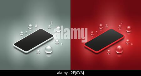 Smartphones mockup set. Isometric design for app presentation. Silver and red vector mobile phone template with blank touch screen. Stock Vector