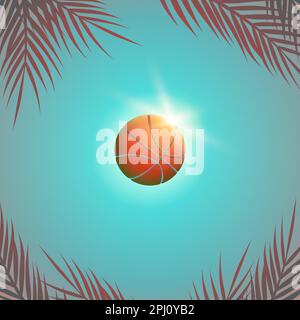 Basketball ball in the air at the sun and blue sky background. Bright summer basketball game illustration with sun rays and palm branches. Stock Vector