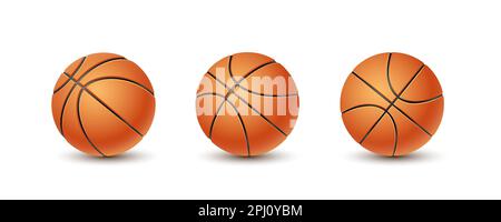 Set of basketball balls on the white background. Sport equipment illustration. Orange grooved sport balls closeup. Stock Vector