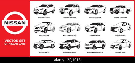 Vector silhouettes, icons of Nissan brand cars Stock Vector