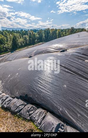 Geomembrane covering a hillside glistens in the sun on a hillside in an active landfill. Stock Photo