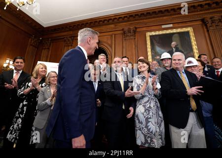 Washington, United States. 30th Mar, 2023. House Speaker Kevin McCarthy (R-CA) is greeted by Republican members at a press conference upon passage of H.R. 1, The Lower Energy Costs Act, on Capitol Hill in Washington on March 30, 2023. Photo by Yuri Gripas/ABACAPRESS.COM Credit: Abaca Press/Alamy Live News Stock Photo