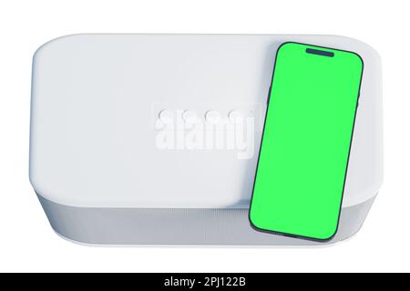 Portable wireless audio speaker system next to a modern smartphone with chromakey screen, 3d rendering. Pairing devices for wireless audio streaming, Stock Photo