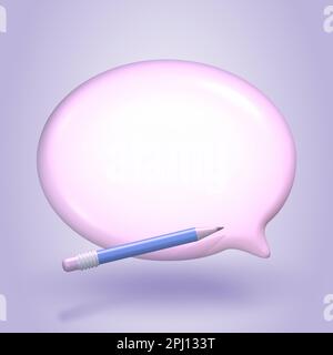 Pink speech bubble on pastel lilac pastel background. 3d render. Oval icon chat with pencil. Stock Photo