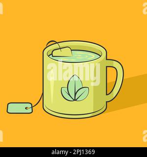 Yellow cup with tea bag. Vector illustration. Mug with green herb tea isolated on yellow background. Stock Vector