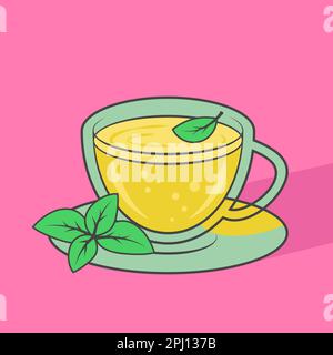 Glass cup with tea and mint leaves. Vector illustration. Transparent mug with herb tea isolated on pink background. Stock Vector
