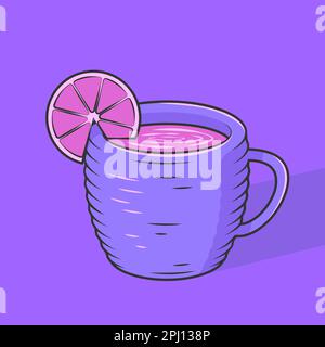 Wavy cup with tea and lemon. Vector illustration. Mug with herb tea isolated on purple background. Stock Vector