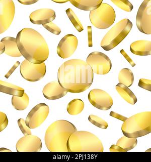 Golden coins seamless pattern. Realistic coins in angle view. Cash money falling on white background. Vector illustration. Stock Vector