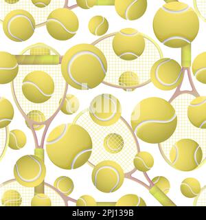 Tennis yellow balls and rackets seamless pattern illustration.Sport equipment. Tennis balls and rackets pattern on white background. Stock Vector