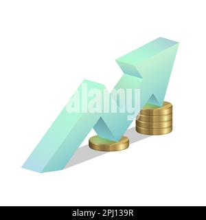 Golden coins and up arrow. Realistic stacks of coins. Cash money income, increase. Vector illustration isolated on white background. Stock Vector