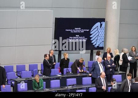 Berlin, Berlin, Germany. 30th Mar, 2023. Berlin:King Charles III and Queen Camilla.of the United Kingdom Great Britain and Northern Ireland give a speech to the members of the German Bundestag. (Credit Image: © Simone Kuhlmey/Pacific Press via ZUMA Press Wire) EDITORIAL USAGE ONLY! Not for Commercial USAGE! Stock Photo