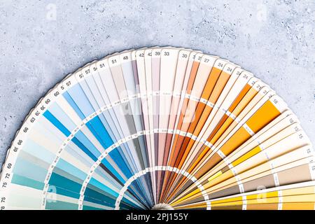 Industrial color palette guide of paint samples catalog on grey background Stock Photo