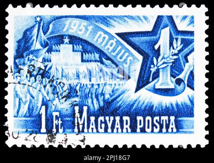 MOSCOW, RUSSIA - MARCH 25, 2023: Postage stamp printed in Hungary shows March to the Heroes' Square, Labor Day serie, circa 1951 Stock Photo