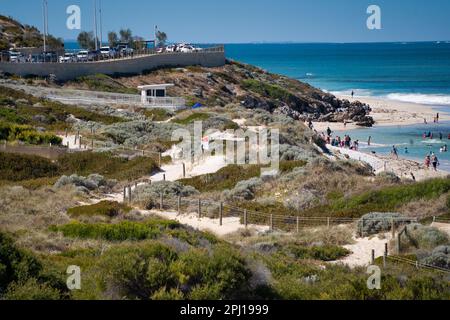 Looking towards Yanchep Beach and Lagoon, Perth, Western Australia. Overlooking the sand dunes and viewed from the Mary Lindsay Lookout and boardwalk. Stock Photo