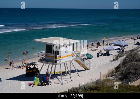 Yanchep Lagoon and beach and life saving lookout tower. Overlooking the Indian Ocean the beach is popular for school swimming classes and families. Stock Photo