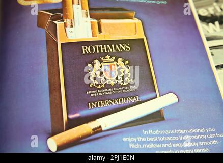 Viersen, Germany - March 9. 2023: Closeup of Rothmans cigarettes advertising in american magazine from 70s Stock Photo