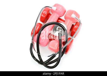 Set of dumbbells and stethoscope isolated on white background. Sports equipment. Health care concept Stock Photo