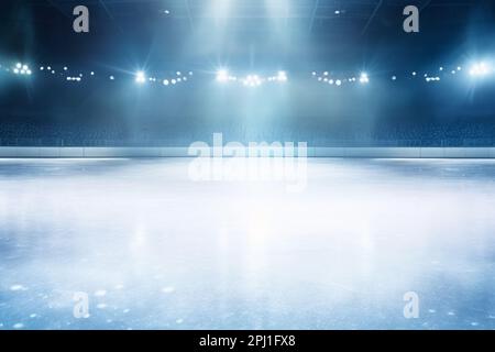 Snow and ice background.Empty ice rink illuminated by spotlights Stock Photo