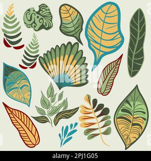 Set of tropical plants and leaves in flat technique vector illustration Stock Vector