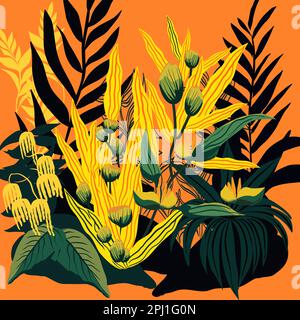 Tropical leaves and blossom flowers on an orange background vector illustration Stock Vector